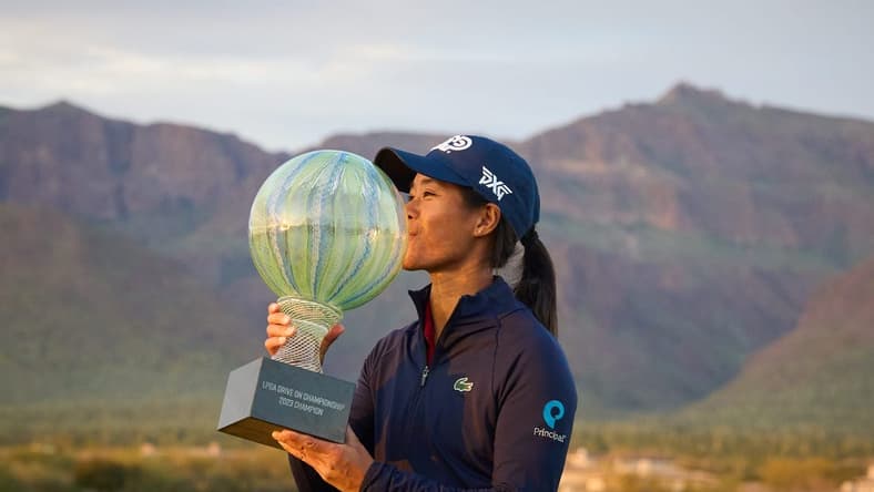 Celine Boutier kisses her trophy to celebrate her win in the LPGA Drive On Championship on the Prospector Course at Superstition Mountain Golf and Country Club in Gold Canyon on March 26, 2023.

Lpga At Superstition Mountain Final Round