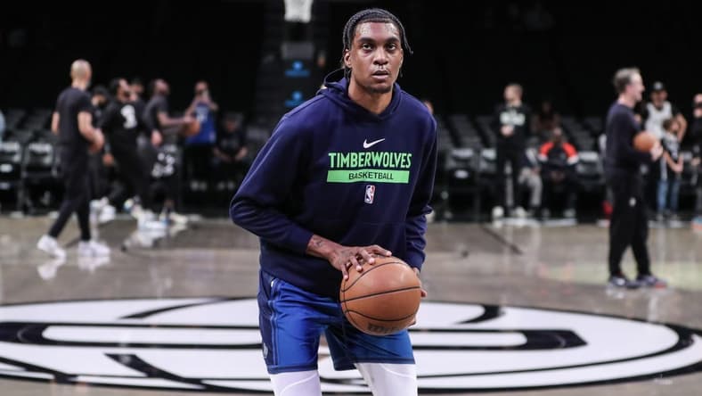 Apr 4, 2023; Brooklyn, New York, USA; Minnesota Timberwolves forward Jaden McDaniels (3) warms up prior to the game against the Brooklyn Nets at Barclays Center. Mandatory Credit: Wendell Cruz-USA TODAY Sports