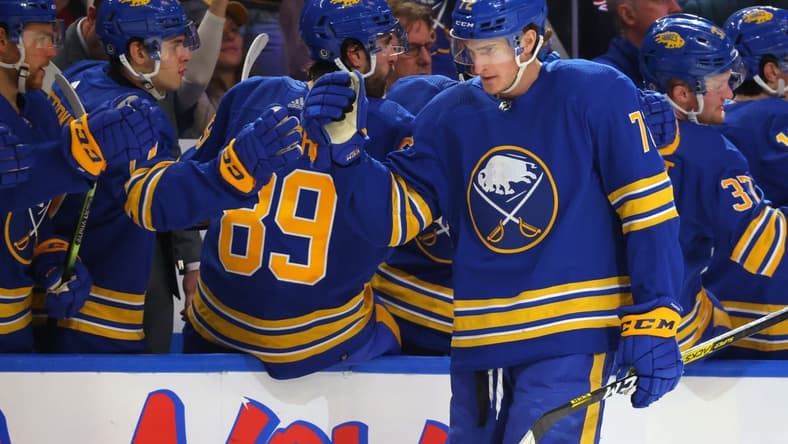 Apr 8, 2023; Buffalo, New York, USA; Buffalo Sabres center Tage Thompson (72) celebrates his goal with teammates during the third period against the Carolina Hurricanes at KeyBank Center. Mandatory Credit: Timothy T. Ludwig-USA TODAY Sports
