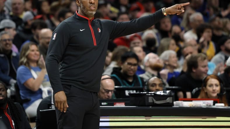 Apr 9, 2023; Portland, Oregon, USA; Portland Trail Blazers head coach Chauncey Billups gives direction to his team during the first half against the Golden State Warriors at Moda Center. Mandatory Credit: Soobum Im-USA TODAY Sports