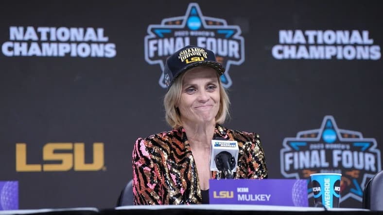 Apr 2, 2023; Dallas, TX, USA; LSU Lady Tigers head coach Kim Mulkey reacts at press conference after the NCAA Womens Basketball Final Four National Championship against the Iowa Hawkeyes at American Airlines Center. Mandatory Credit: Kirby Lee-USA TODAY Sports