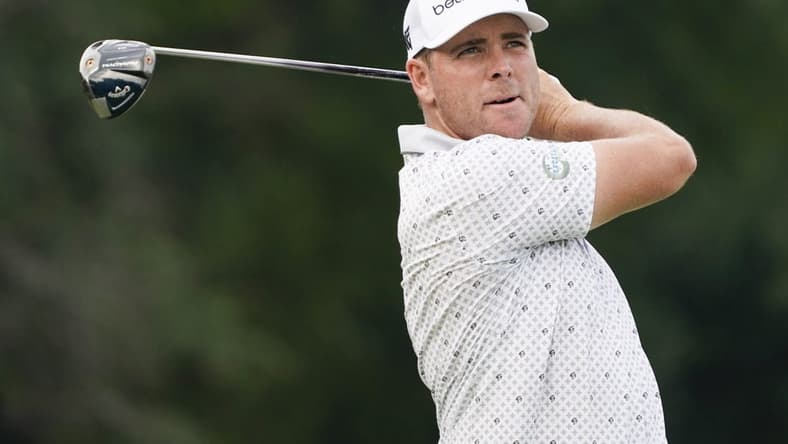 May 12, 2023; McKinney, Texas, USA; Luke List plays his shot from the ninth tee during the second round of the AT&T Byron Nelson golf tournament. Mandatory Credit: Raymond Carlin III-USA TODAY Sports