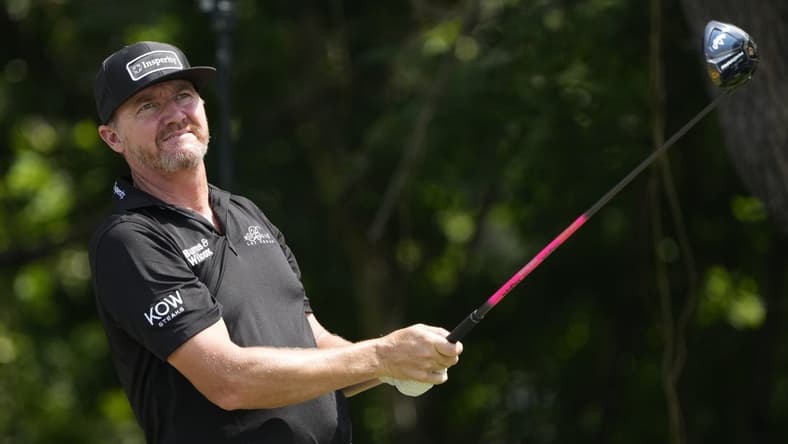 May 26, 2023; Fort Worth, Texas, USA; Jimmy Walker watches his shot from the sixth tee during the second round of the Charles Schwab Challenge golf tournament. Mandatory Credit: Jim Cowsert-USA TODAY Sports