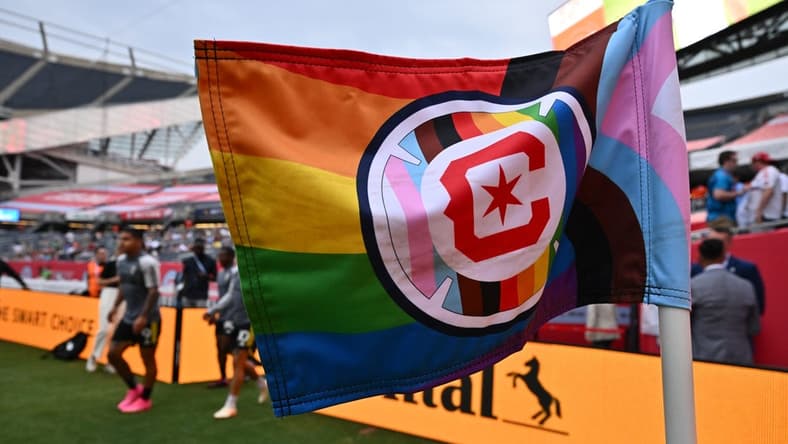 June 10, 2023; Chicago, Illinois, USA; General view of a Pride themed corner flag before the match between the Columbus Crew and Chicago Fire at Soldier Field. Mandatory Credit: Jamie Sabau-USA TODAY Sports