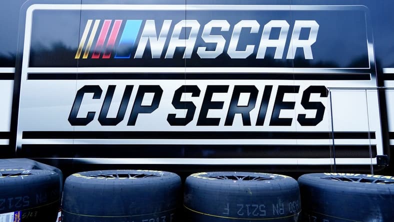 Jul 1, 2023; Chicago, Illinois, USA; A detail view of tires in front of a NASCAR Cup Series hauler on Columbus Drive during practice and qualifying for the Chicago Street Race. Mandatory Credit: Jon Durr-USA TODAY Sports