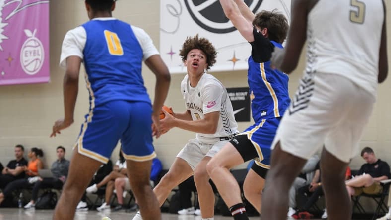 July 5, 2023; North Augusta, S.C., USA; Vegas Elite Trent Perry (0) looks to the basket during the Vegas Elite and Boo Williams game at third day of the Peach Jam in Riverview Park Activities Center. Vegas Elite defeated Boo Williams 71-52. Mandatory Credit: Katie Goodale-USA TODAY Network