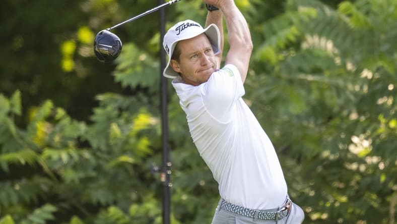 Jul 6, 2023; Silvis, Illinois, USA; Peter Malnati hits his tee shot on the second hole during the first round of the John Deere Classic golf tournament. Mandatory Credit: Marc Lebryk-USA TODAY Sports