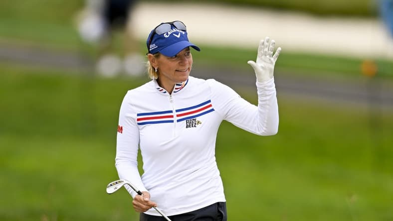 Jul 6, 2023; Pebble Beach, California, USA; Annika Sorenstam reacts after her bunker shot on the 13th hole during the first round of the U.S. Women's Open golf tournament at Pebble Beach Golf Links. Mandatory Credit: Kelvin Kuo-USA TODAY Sports