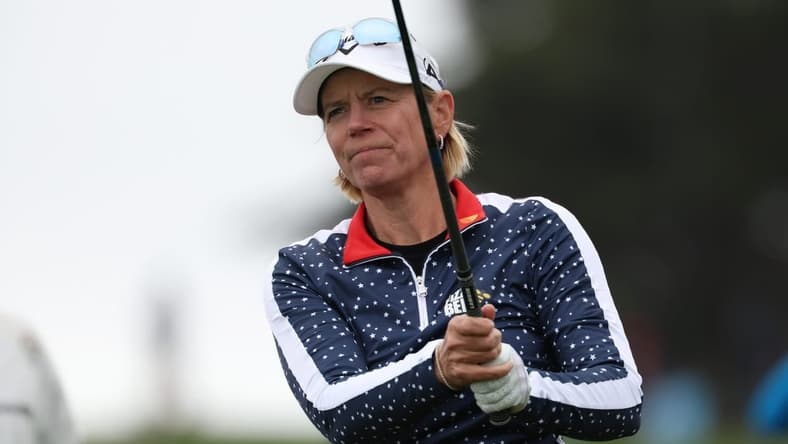 Jul 7, 2023; Pebble Beach, California, USA; Annika Sorenstam tees off on the tenth hole during the second round of the U.S. Women's Open golf tournament at Pebble Beach Golf Link. Mandatory Credit: Kiyoshi Mio-USA TODAY Sports