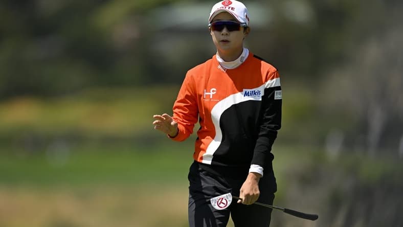 Jul 8, 2023; Pebble Beach, California, USA; Hyo Joo Kim reacts after her putt on the fifth hole during the third round of the U.S. Women's Open golf tournament at Pebble Beach Golf Links. Mandatory Credit: Kelvin Kuo-USA TODAY Sports