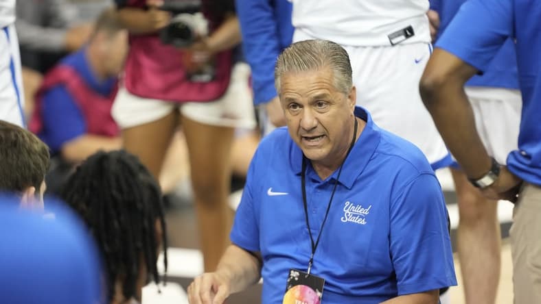 Jul 16, 2023; Toronto, Ontario, Canada; USA-Kentucky head coach John Calipari talks to his players during the first half of the Men's Gold game against Canada at Mattamy Athletic Centre. Mandatory Credit: John E. Sokolowski-USA TODAY Sports