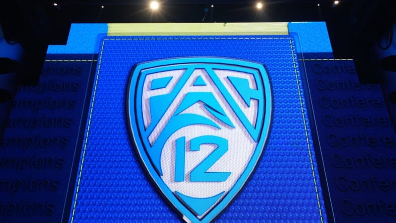 Jul 21, 2023; Las Vegas, NV, USA; The Pac-12 Conference logo during Pac-12 Media Day at Resorts World Las Vegas. Mandatory Credit: Kirby Lee-USA TODAY Sports