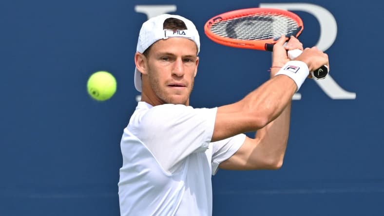 Aug 5, 2023; Toronto, Ontario, Canada;  Diego Schwartzman (ARG) plays a shot against Liam Draxl (CAN) during qualifying play for the National Bank Open at Sobeys Stadium. Mandatory Credit: Dan Hamilton-USA TODAY Sports