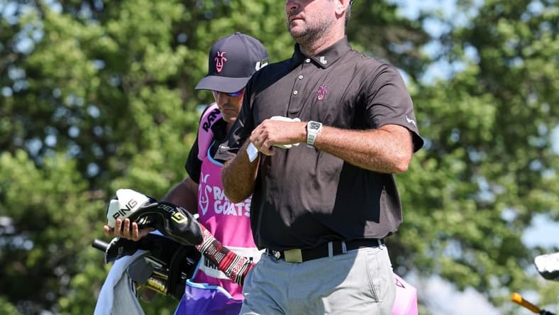 Aug 13, 2023; Bedminster, New Jersey, USA; Bubba Watson walks off the tee box after playing his shot from the tenth tee during the final round of the LIV Golf Bedminster golf tournament at Trump National Bedminster. Mandatory Credit: Vincent Carchietta-USA TODAY Sports