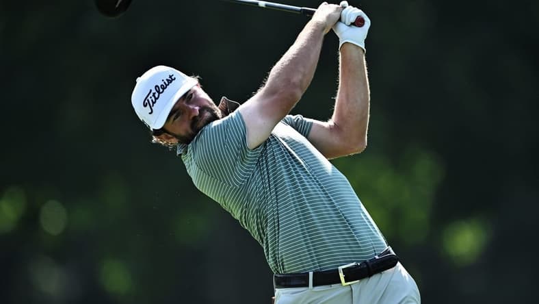 Aug 18, 2023; Olympia Fields, Illinois, USA; Cameron Young tees off from the 7th tee during the second round of the BMW Championship golf tournament. Mandatory Credit: Jamie Sabau-USA TODAY Sports