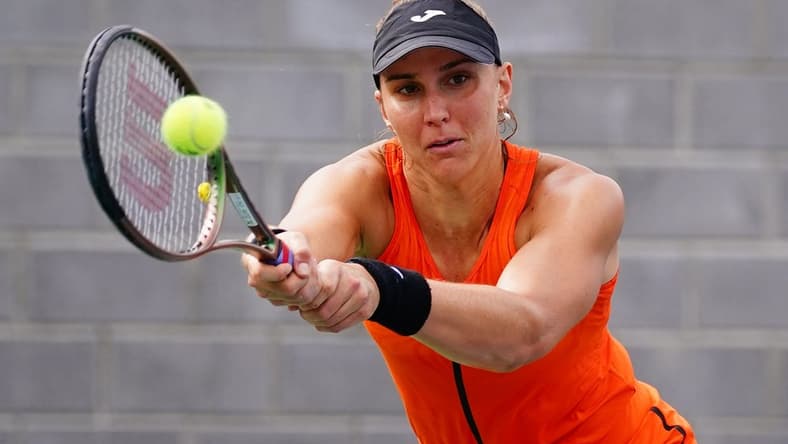 Aug 30, 2023; Flushing, NY, USA; Beatriz Haddad Maia of Brazil hits a shot against Taylor Townsend of the United States on day three of the 2023 U.S. Open tennis tournament at the USTA Billie Jean King National Tennis Center. Mandatory Credit: Jerry Lai-USA TODAY Sports