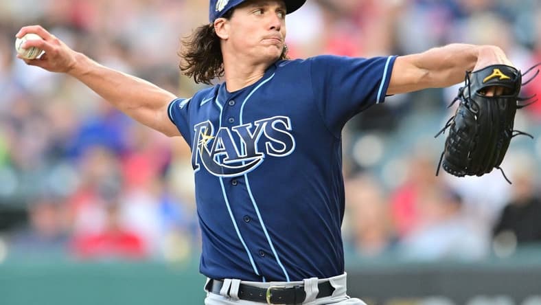 Sep 1, 2023; Cleveland, Ohio, USA; Tampa Bay Rays starting pitcher Tyler Glasnow (20) throws a pitch during the first inning against the Cleveland Guardians at Progressive Field. Mandatory Credit: Ken Blaze-USA TODAY Sports