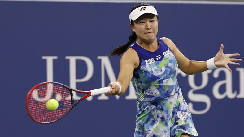 Sep 1, 2023; Flushing, NY, USA; Zhu Lin of China hits a forehand. Mandatory Credit: Geoff Burke-USA TODAY Sports