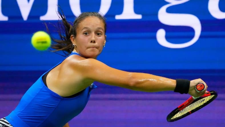 Sept 4, 2023; Flushing, NY, USA; Daria Kasatkina hits to Aryna Sabalenka on day eight of the 2023 U.S. Open tennis tournament at USTA Billie Jean King National Tennis Center. Mandatory Credit: Robert Deutsch-USA TODAY Sports