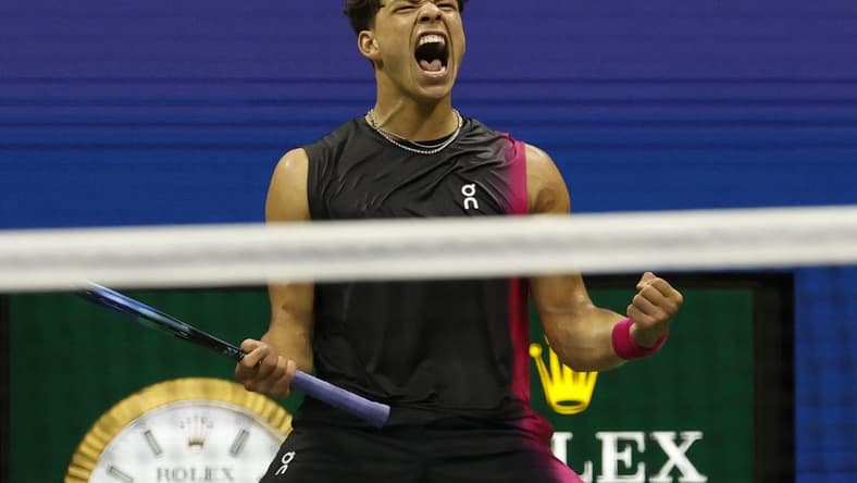 Sep 8, 2023; Flushing, NY, USA; Ben Shelton of the United States reacts after winning a point against Novak Djokovic of Serbia (not pictured) in a men's singles semifinal on day twelve of the 2023 U.S. Open tennis tournament at USTA Billie Jean King Tennis Center. Mandatory Credit: Geoff Burke-USA TODAY Sports