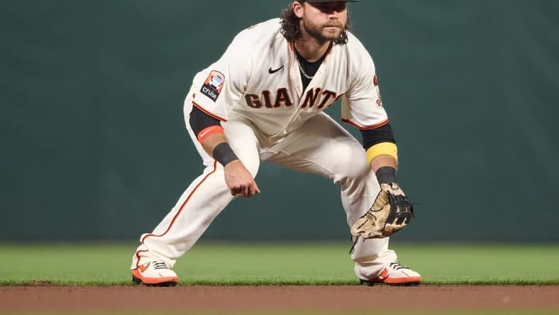 Sep 11, 2023; San Francisco, California, USA; San Francisco Giants shortstop Brandon Crawford (35) against the Cleveland Guardians during the fourth inning at Oracle Park. Mandatory Credit: Robert Edwards-USA TODAY Sports