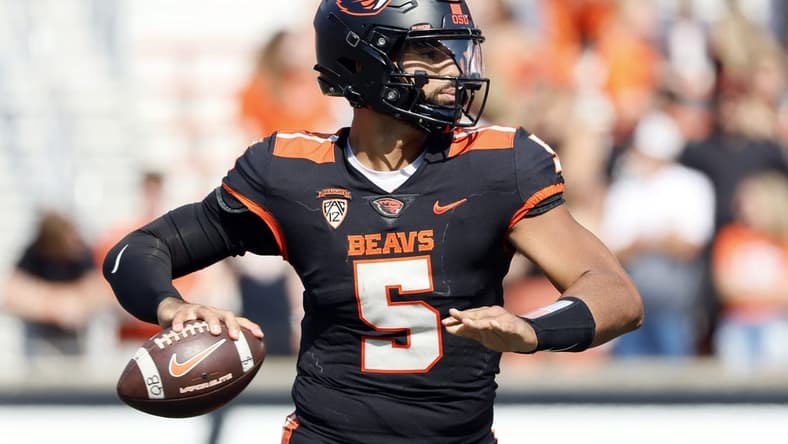 Sep 16, 2023; Corvallis, Oregon, USA; Oregon State Beavers quarterback DJ Uiagalelei (5) looks to throw during the second half against the San Diego State Aztecs at Reser Stadium. Mandatory Credit: Soobum Im-USA TODAY Sports