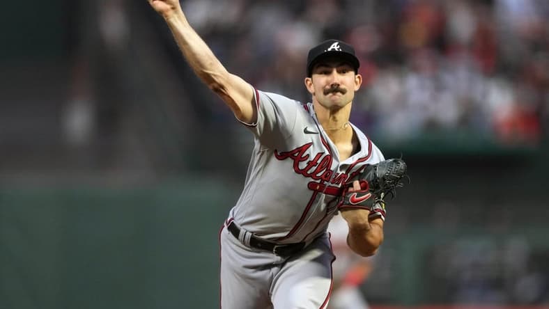 Aug 25, 2023; San Francisco, California, USA; Atlanta Braves starting pitcher Spencer Strider (99) throws a pitch against the San Francisco Giants during the third inning at Oracle Park. Mandatory Credit: Darren Yamashita-USA TODAY Sports
