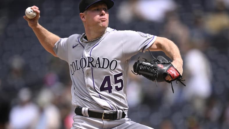 Sep 20, 2023; San Diego, California, USA; Colorado Rockies starting pitcher Chase Anderson (45) throws a pitch against the San Diego Padres during the first inning at Petco Park. Mandatory Credit: Orlando Ramirez-USA TODAY Sports