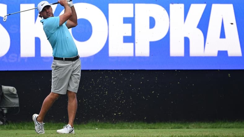 Sep 22, 2023; Sugar Grove, Illinois, USA; Brooks Koepka tees off from the 17th tee during the first round of the LIV Golf Chicago golf tournament at Rich Harvest Farms. Mandatory Credit: Jamie Sabau-USA TODAY Sports