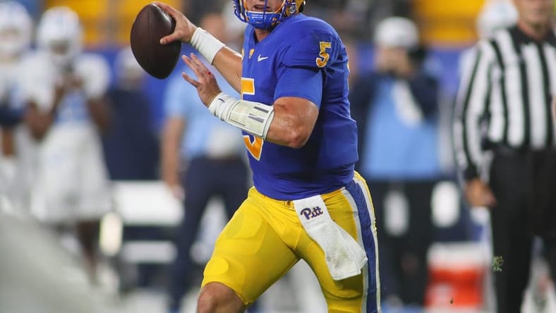 Pittsburgh Panthers Phil Jurkovec prepares to fire the ball downfield while looking for an open receiver during the first half against the North Carolina Tar Heels at Acrisure Stadium in Pittsburgh, PA on September 23, 2023.