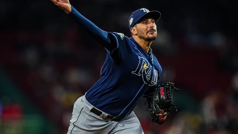 Sep 26, 2023; Boston, Massachusetts, USA; Tampa Bay Rays starting pitcher Zach Eflin (24) throws a pitch against the Boston Red Sox in the first inning at Fenway Park. Mandatory Credit: David Butler II-USA TODAY Sports