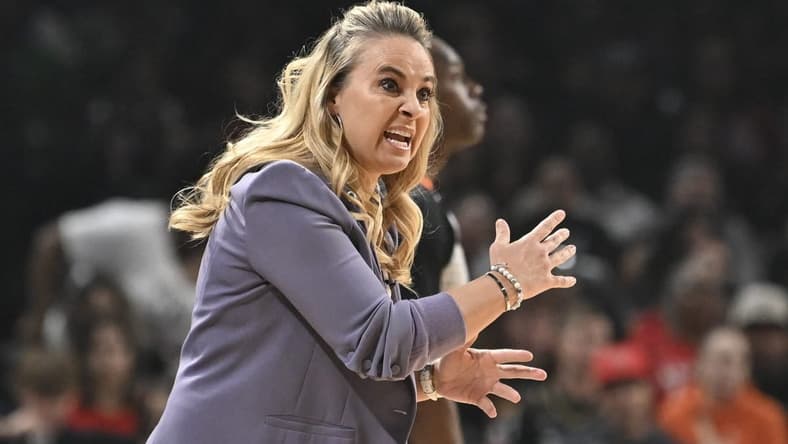 Sep 26, 2023; Las Vegas, Nevada, USA; Las Vegas Aces head coach Becky Hammon gestures to players on the court in the first half against the Dallas Wings during game two of the 2023 WNBA Playoffs at Michelob Ultra Arena. Mandatory Credit: Candice Ward-USA TODAY Sports