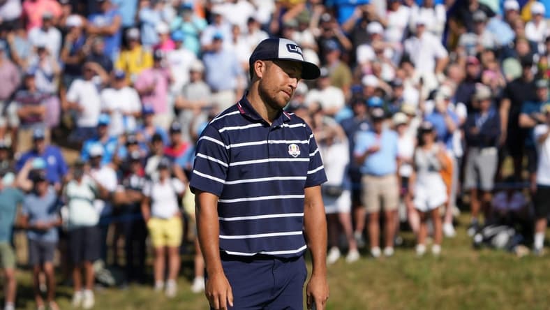 Sep 29, 2023; Rome, ITA; Team USA golfer Xander Schauffele reacts to his missed putt on the seventeenth green during day one foursomes round for the 44th Ryder Cup golf competition at Marco Simone Golf and Country Club. Mandatory Credit: Adam Cairns-USA TODAY Sports