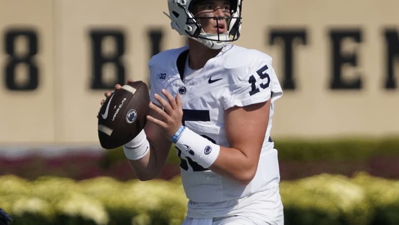 Sep 30, 2023; Evanston, Illinois, USA; Penn State Nittany Lions quarterback Drew Allar (15) passes against the Northwestern Wildcats during the first half at Ryan Field. Mandatory Credit: David Banks-USA TODAY Sports