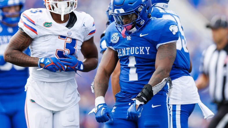 Sep 30, 2023; Lexington, Kentucky, USA; Kentucky Wildcats running back Ray Davis (1) celebrates during the fourth quarter against the Florida Gators at Kroger Field. Mandatory Credit: Jordan Prather-USA TODAY Sports