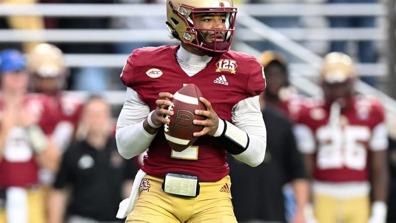 Sep 30, 2023; Chestnut Hill, Massachusetts, USA; Boston College Eagles quarterback Thomas Castellanos (1) looks to pass against the Virginia Cavaliers during the second half at Alumni Stadium. Mandatory Credit: Brian Fluharty-USA TODAY Sports