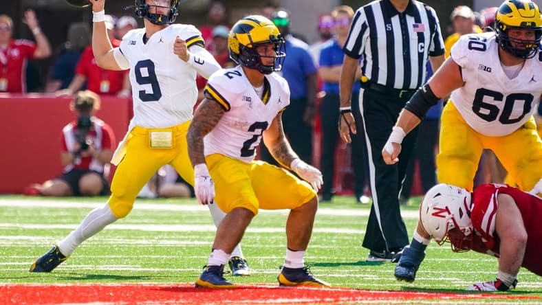 Sep 30, 2023; Lincoln, Nebraska, USA; Michigan Wolverines quarterback J.J. McCarthy (9) passes against the Nebraska Cornhuskers during the second quarter at Memorial Stadium. Mandatory Credit: Dylan Widger-USA TODAY Sports