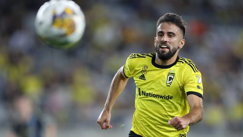 Sep 30, 2023; Columbus, Ohio, USA; Columbus Crew forward Diego Rossi (10) chases down the ball during the first half against the Philadelphia Union at Lower.com Field. Mandatory Credit: Joseph Maiorana-USA TODAY Sports