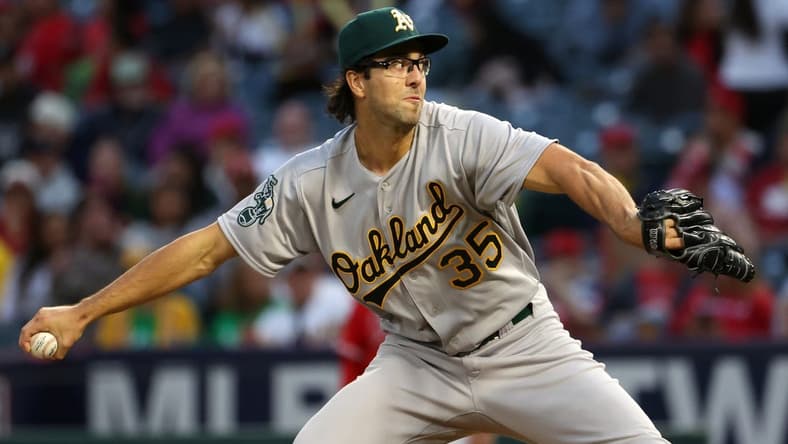 Sep 30, 2023; Anaheim, California, USA; Oakland Athletics starting pitcher Joe Boyle (35) pitches during the first inning against the Los Angeles Angels at Angel Stadium. Mandatory Credit: Kiyoshi Mio-USA TODAY Sports