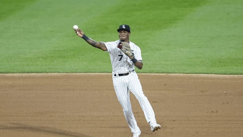 Sep 30, 2023; Chicago, Illinois, USA; Chicago White Sox shortstop Tim Anderson (7) throws to first base for a San Diego Padres out during the sixth inning at Guaranteed Rate Field. Mandatory Credit: Kamil Krzaczynski-USA TODAY Sports