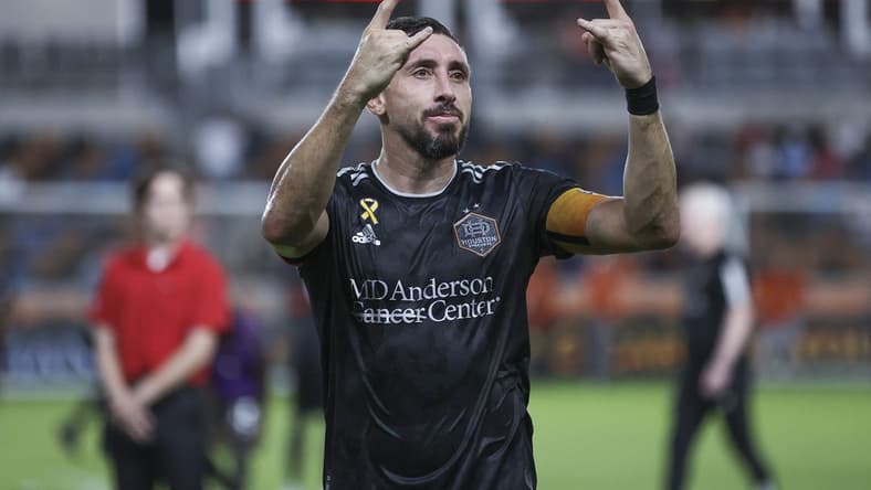 Sep 30, 2023; Houston, Texas, USA; Houston Dynamo FC midfielder Hector Herrera (16) reacts after the match against the FC Dallas at Shell Energy Stadium. Mandatory Credit: Troy Taormina-USA TODAY Sports