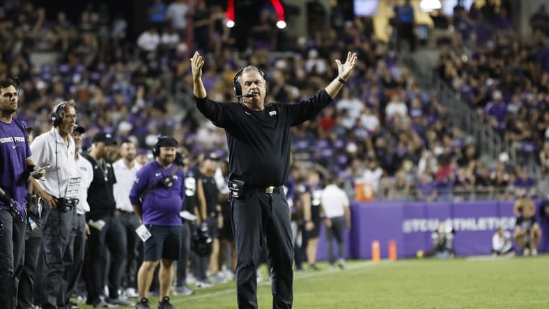 Sep 30, 2023; Fort Worth, Texas, USA; TCU Horned Frogs head coach Sonny Dykes reacts to a call in the third quarter against the West Virginia Mountaineers  at Amon G. Carter Stadium. Mandatory Credit: Tim Heitman-USA TODAY Sports