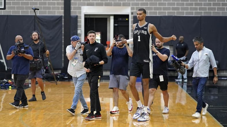San Antonio Spurs center Victor Wembanyama (1) enters the court during media day in San Antonio. Mandatory Credit: Scott Wachter-USA TODAY Sports