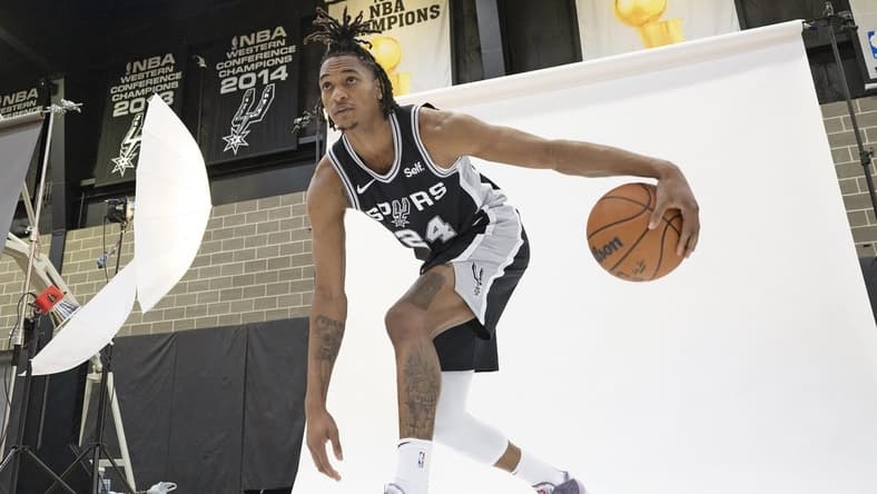 Oct 2, 2023; San Antonio, TX, USA; San Antonio Spurs guard Devin Vassell (24) poses for photos during media day in San Antonio. Mandatory Credit: Scott Wachter-USA TODAY Sports