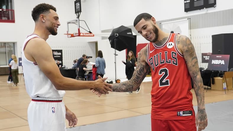Oct 2, 2023; Chicago, IL, USA; Chicago Bulls guard Zach LaVine (8) and guard Lonzo Ball (2) talk during Chicago Bulls Media Day at Advocate Center. Mandatory Credit: David Banks-USA TODAY Sports