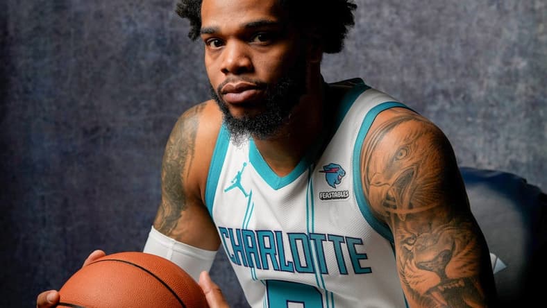 Oct 2, 2023; Charlotte, North Carolina, USA; Charlotte Hornets Miles Bridges (0) poses for a photo during Charlotte Hornets Media Day at the Spectrum Center. Mandatory Credit: Jim Dedmon-USA TODAY Sports