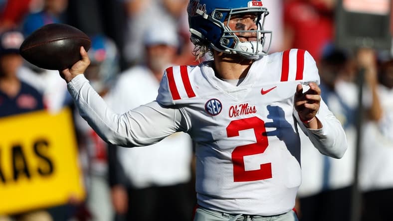 Sep 23, 2023; Tuscaloosa, Alabama, USA; Mississippi Rebels quarterback Jaxson Dart (2) against the Alabama Crimson Tide during the second half of a football game at Bryant-Denny Stadium. Mandatory Credit: Butch Dill-USA TODAY Sports