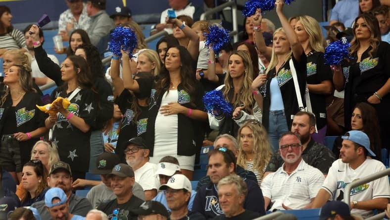 Oct 3, 2023; St. Petersburg, Florida, USA; Wives and girlfriends of Tampa Bay Rays players look on in the eighth inning against the Texas Rangers during game one of the Wildcard series for the 2023 MLB playoffs at Tropicana Field. Mandatory Credit: Kim Klement Neitzel-USA TODAY Sports