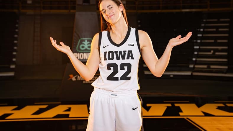 Caitlin Clark stands for a photo during Iowa Women's Basketball Media Day at Carver Hawkeye Arena, Wednesday, Oct. 4, 2023.