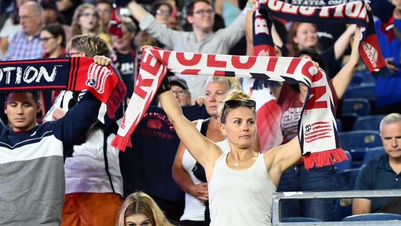 Oct 4, 2023; Foxborough, Massachusetts, USA; New England Revolution fans cheer before a game against the Columbus Crew at Gillette Stadium. Mandatory Credit: Brian Fluharty-USA TODAY Sports